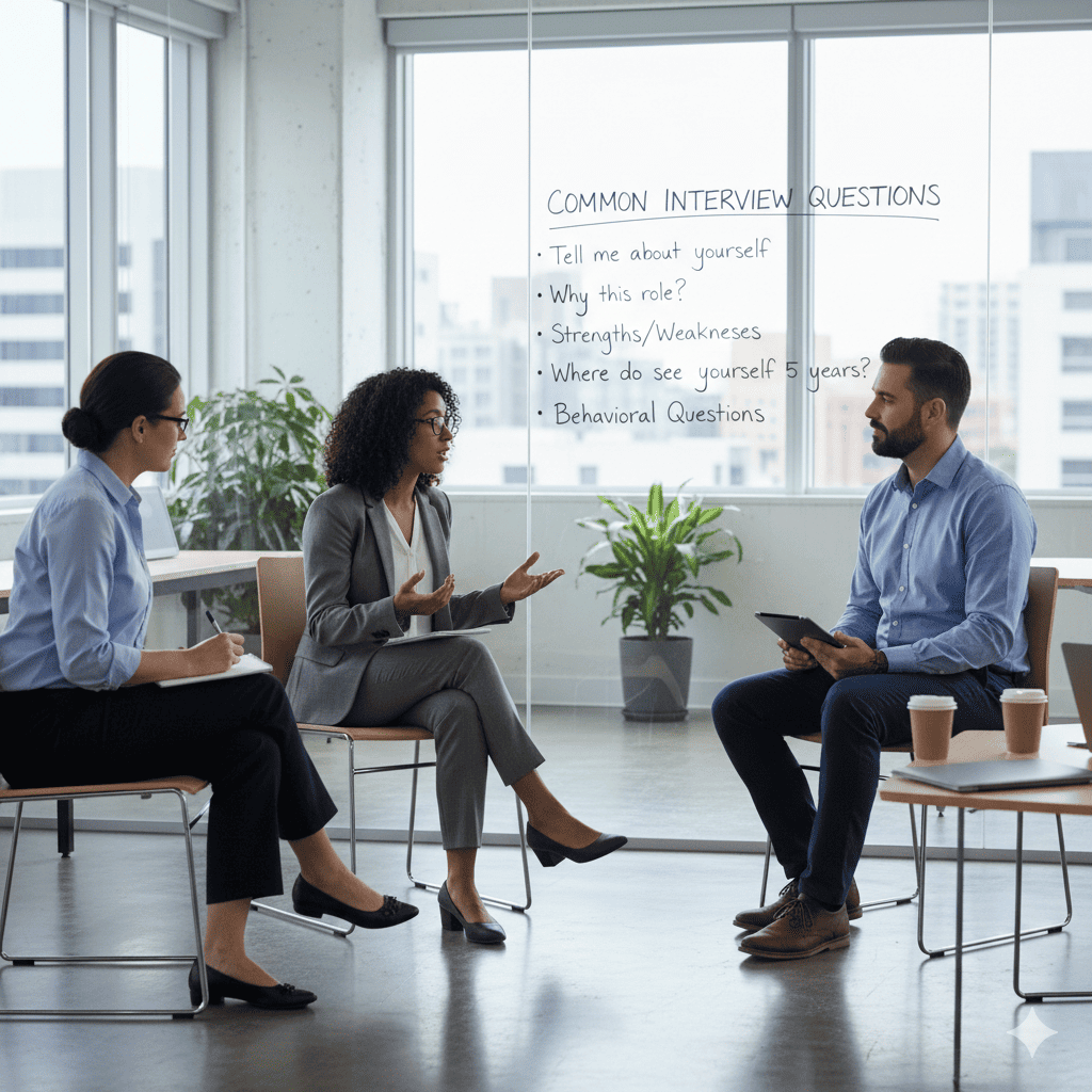 A diverse group of professionals engaged in a mock interview session, one person speaking confidently while others listen intently, with a whiteboard in the background displaying common interview questions.