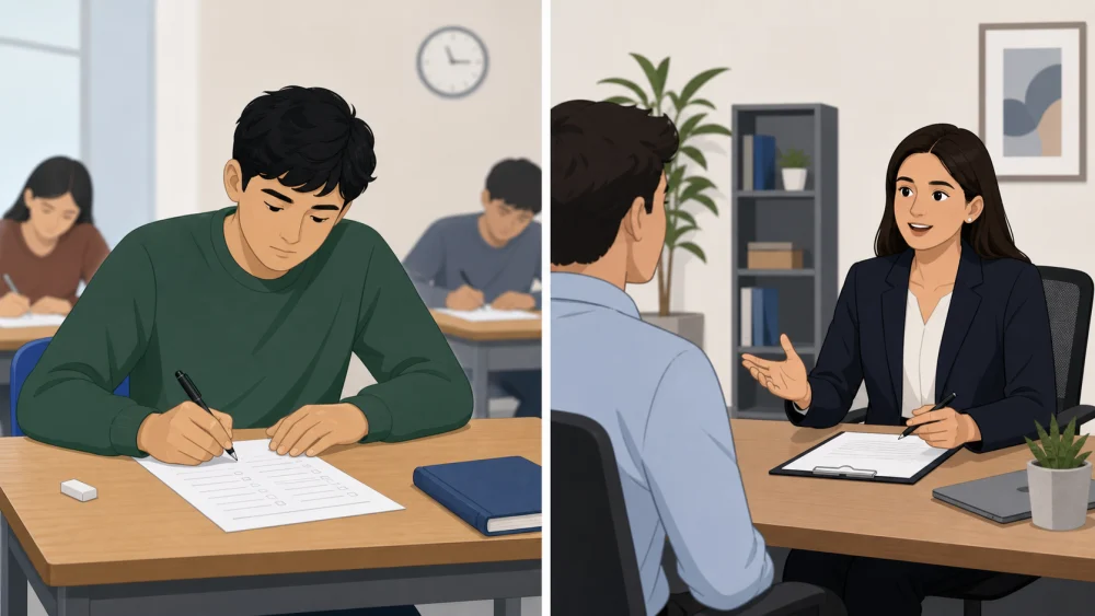 模擬面接とは何か——模擬試験と模擬面接の違いを並べて示した図