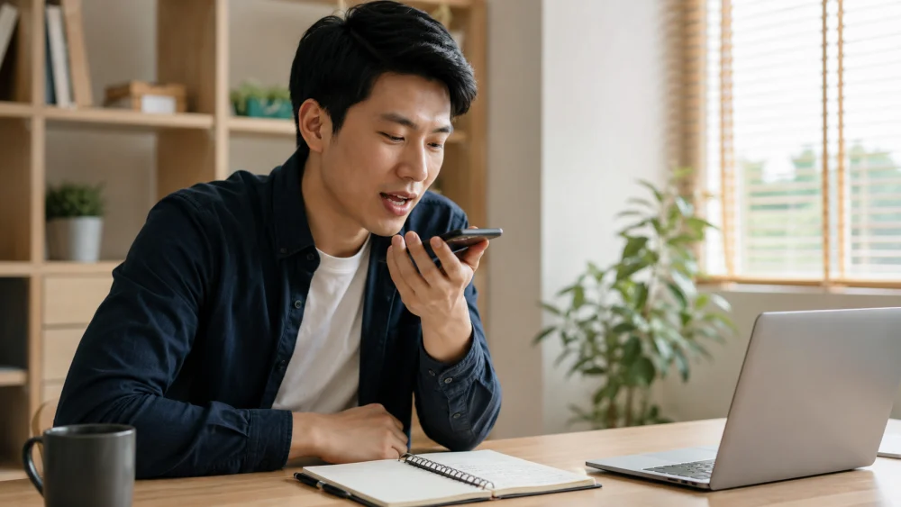 Person practising an English interview answer into a phone voice recorder at a desk