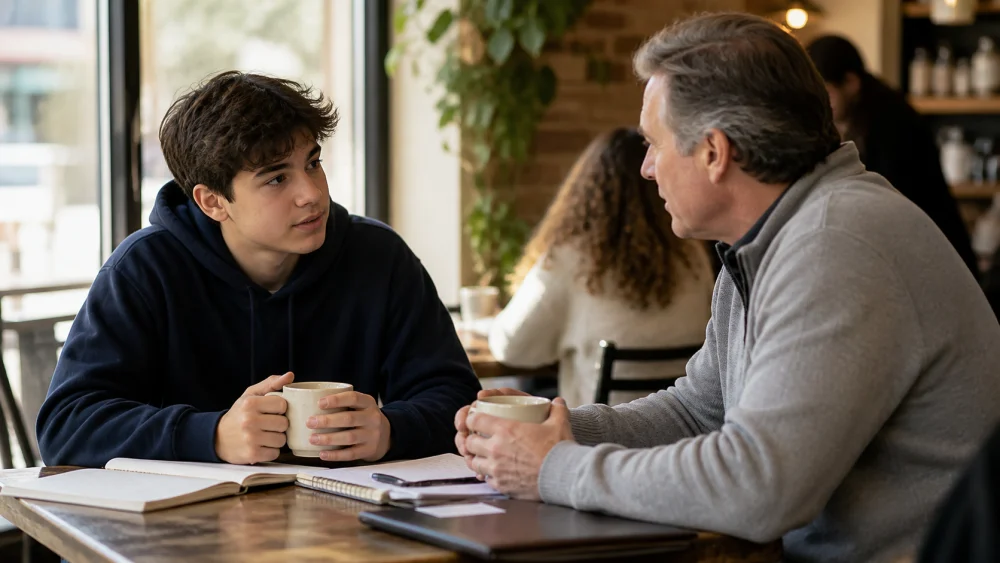 Student preparing for Harvard interview questions in a casual coffee shop setting