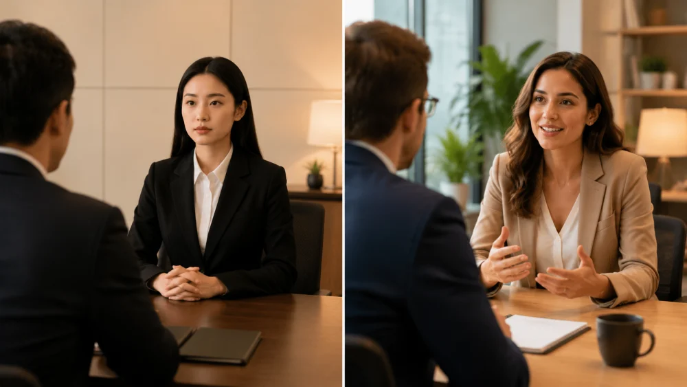 Split comparison showing a Chinese-style and American-style interview setting side by side