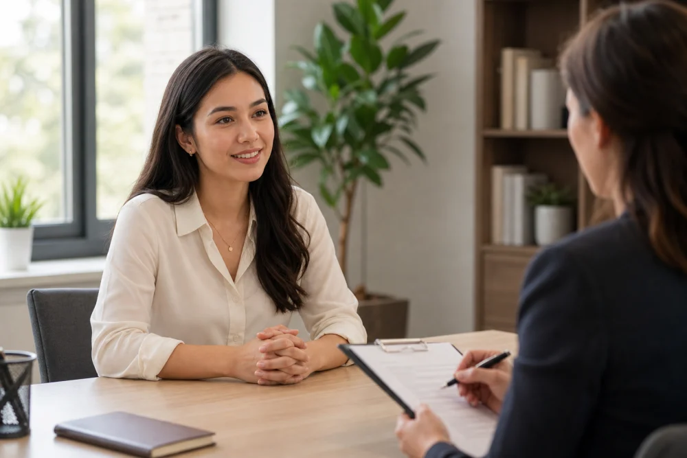 Meaning of mock interview shown through a person practicing answers across a desk from an interviewer with a notepad