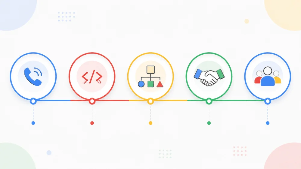 Übersicht der fünf Runden des Google-Vorstellungsgesprächs, von der Telefonvorauswahl bis zum Team-Matching