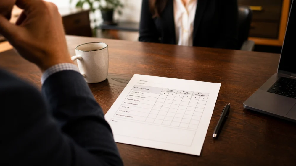 Hiring manager reviewing a who interview scorecard while sitting across from a candidate