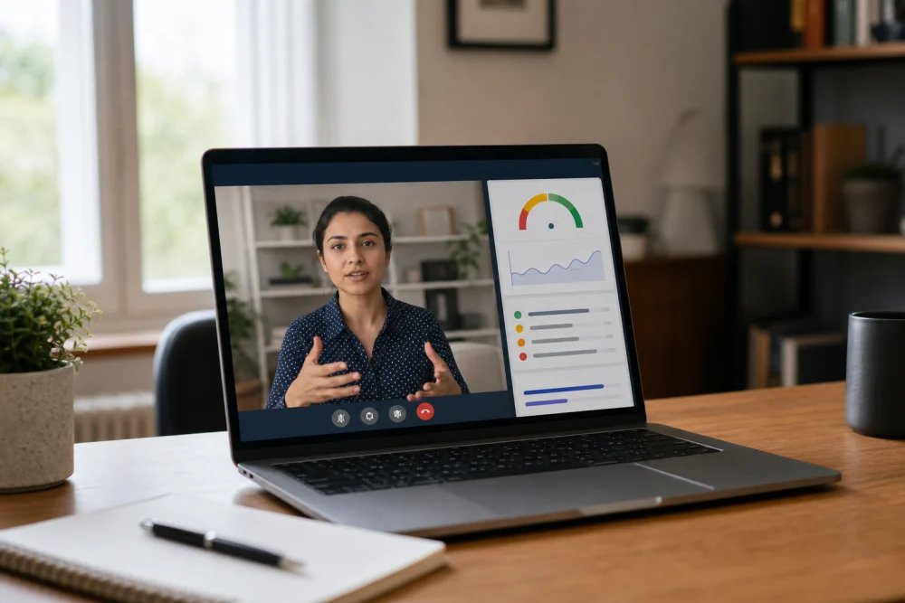 AI-powered mock interview tool showing structured feedback on a laptop screen as part of a mock interview definition walkthrough