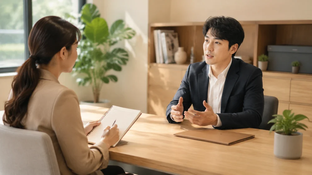 Mock interview definition illustrated with two people sitting across a desk in a realistic practice session