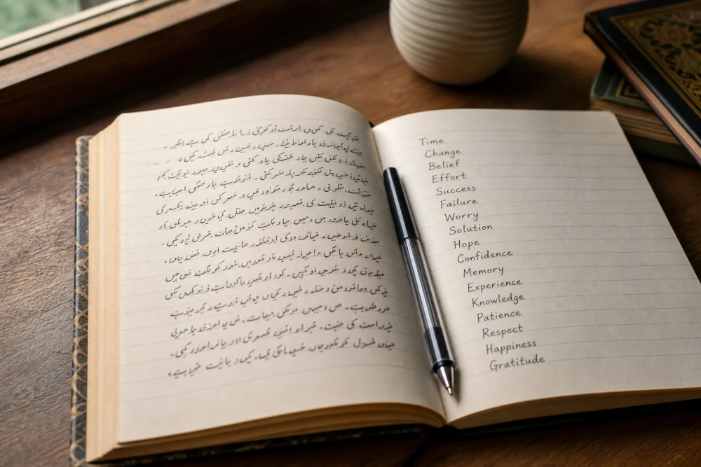 Visual showing mock interview meaning in urdu with Urdu script and English side by side on a notebook