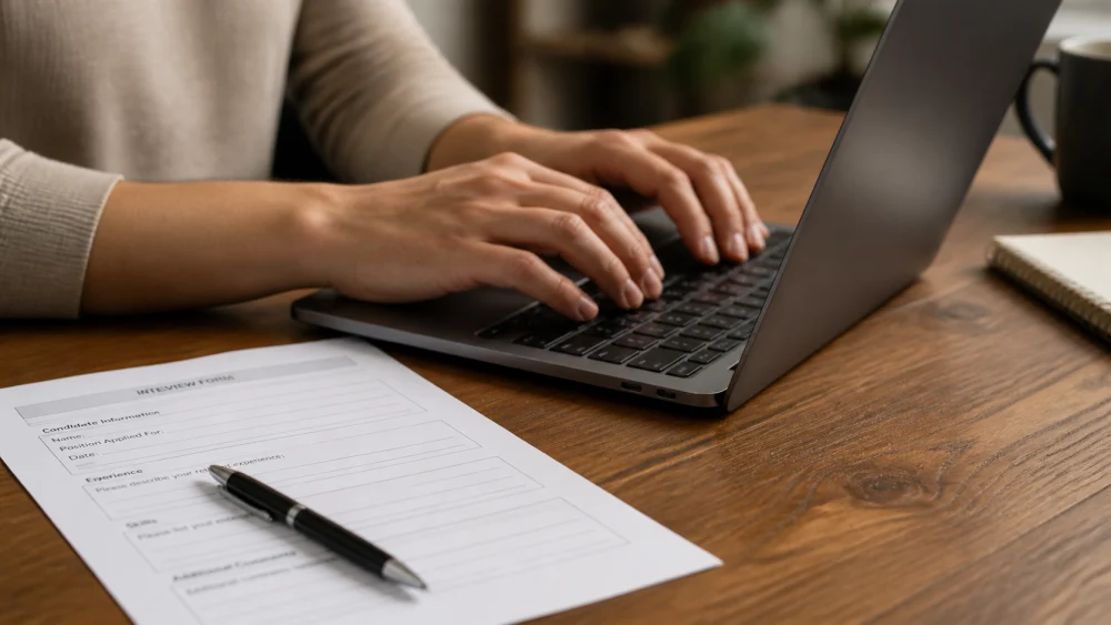 Alumni interviewer writing a Harvard interview report on a laptop after asking questions