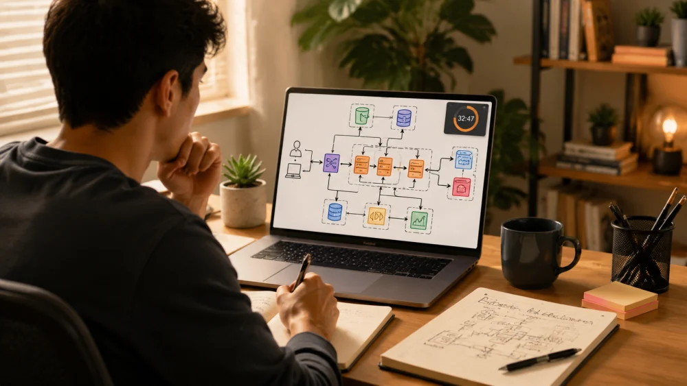 Kandidat übt System-Design-Interview für Google mithilfe eines KI-Mock-Interview-Tools