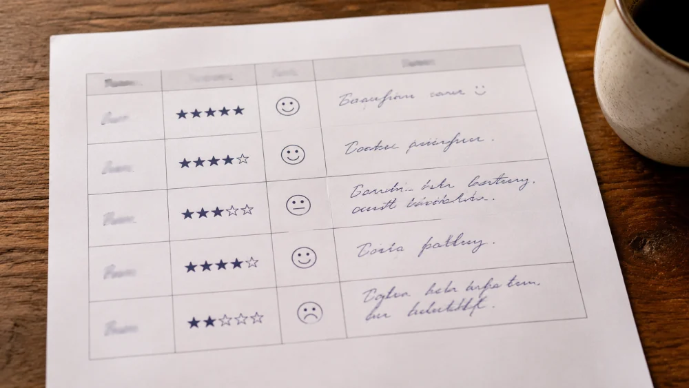 A structured feedback sheet with ratings used after a mock interview to define mock interview improvement