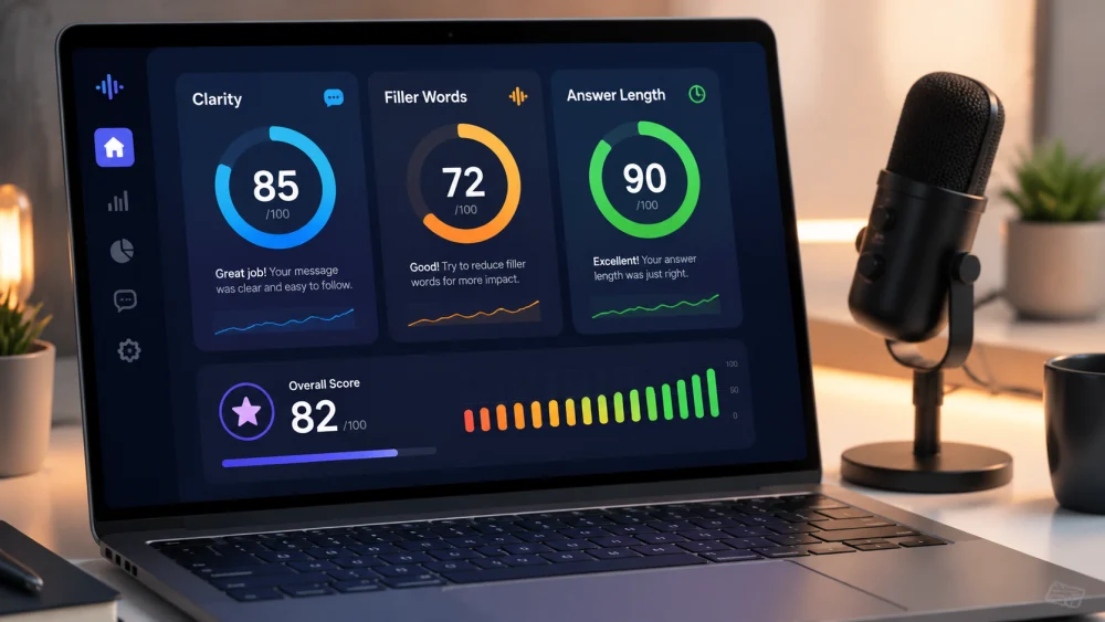 Mock interview meaning in action as an AI tool displays feedback scores on a laptop screen after a practice session