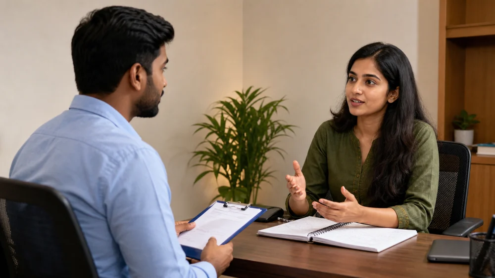 Two people practicing a mock interview meaning in malayalam with notes on a table