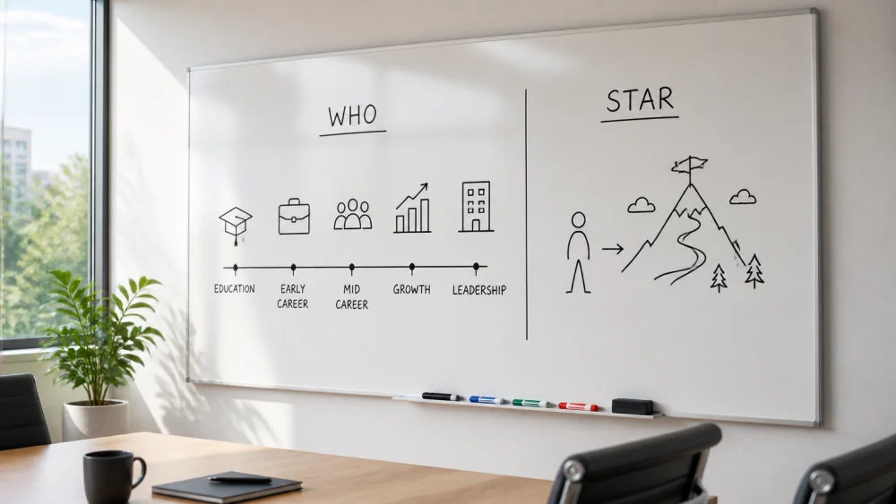 Side-by-side comparison of who interview method versus STAR method on a whiteboard