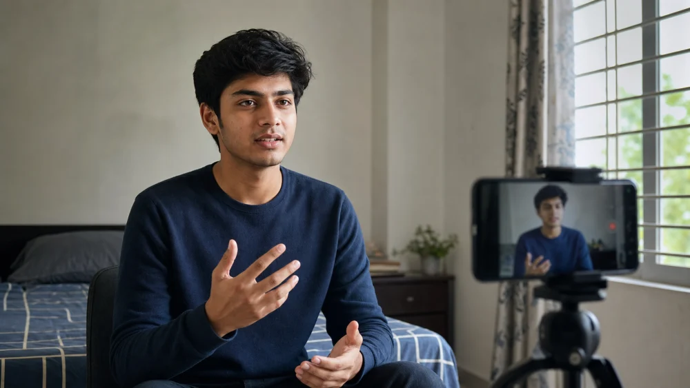 Person recording a solo mock interview in Malayalam on a phone camera