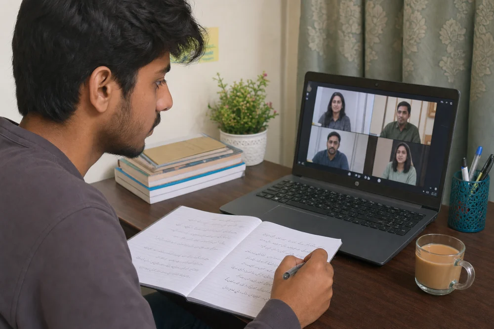 Urdu-speaking student practicing a mock interview meaning in urdu concept with a laptop and notes