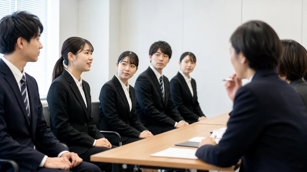 集體面試中認真聆聽其他應試者發言的求職者們