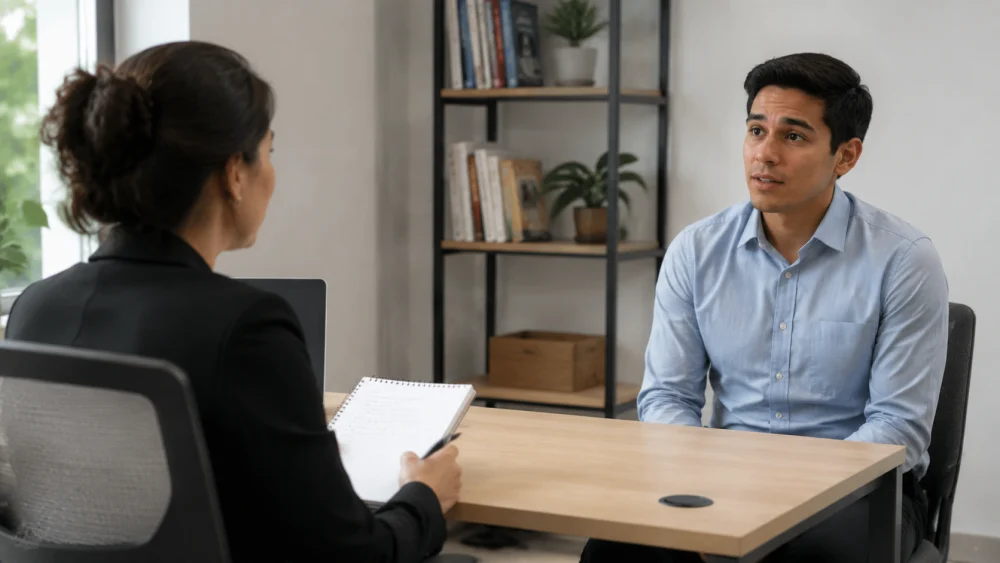 Two people sitting across a desk during a mock interview session to define mock interview format