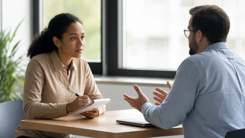 Person übt ein Mock Interview, also ein Probegespräch mit einem Partner am Schreibtisch