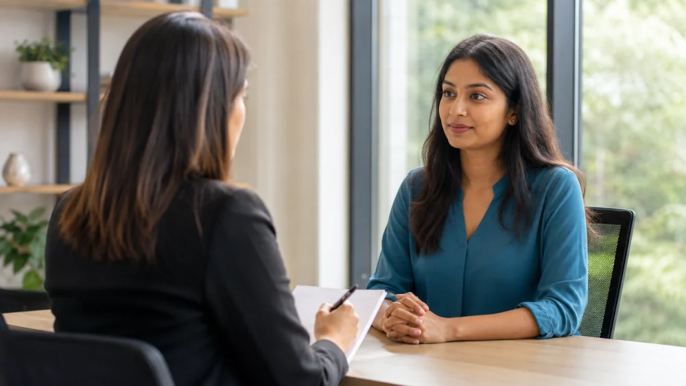 Two people sitting across a desk during a mock interview practice session