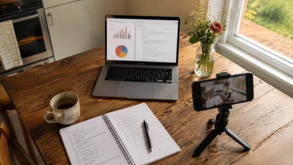 Ein Solo-Mock-Interview-Setup mit Laptop-Bildschirm und Notizbuch für strukturiertes Feedback