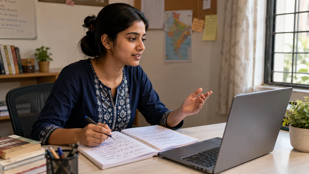 Mock interview meaning in Hindi shown through a student practicing answers at a desk with notes in Hindi and English