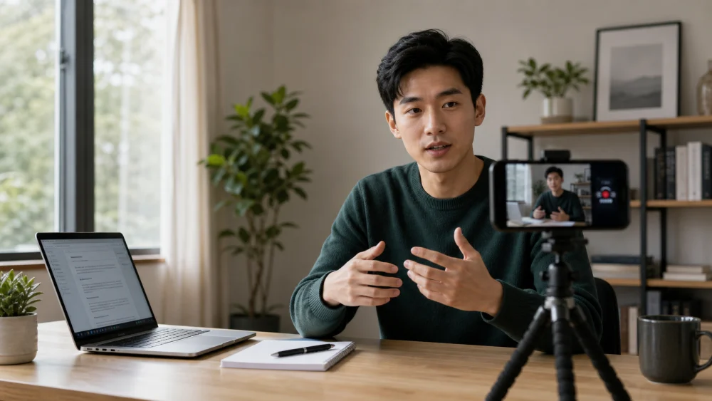 Person recording themselves on a phone while preparing for a mock interview at home