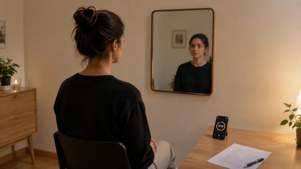 Step-by-step mock interview setup at home illustrating mock interview meaning in Hindi with a timer and mirror